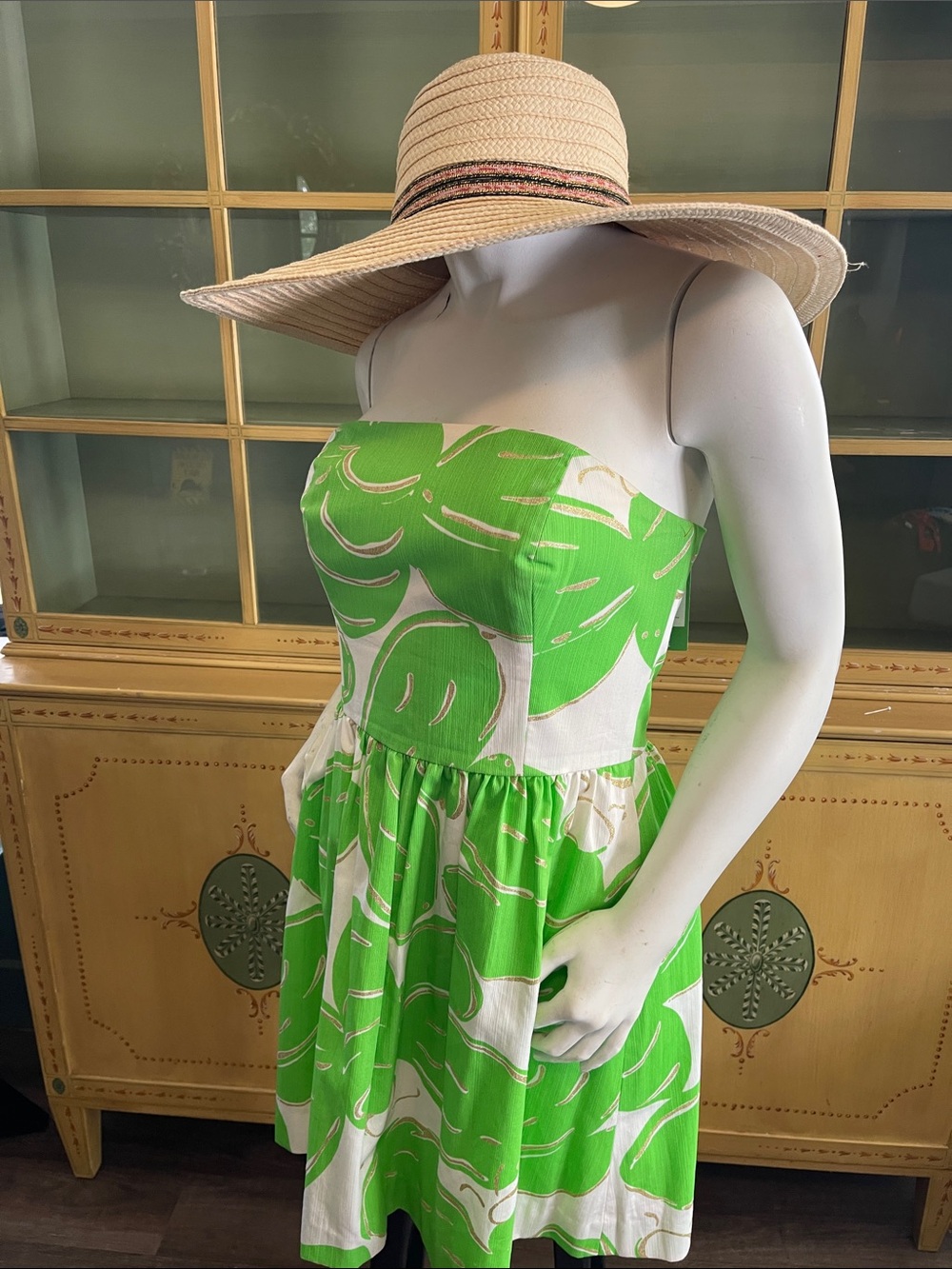 Strapless Green & White Tropical Print Sundress